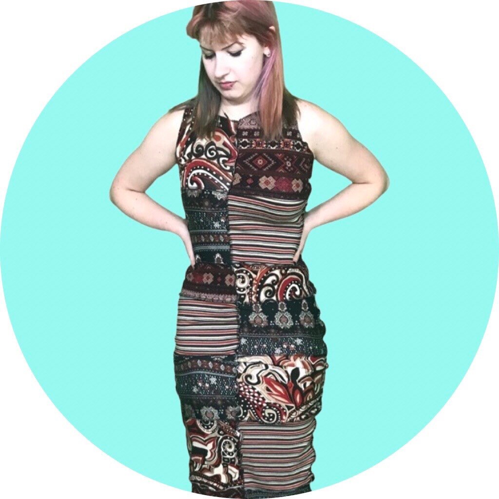 S-M Burnt Sienna Mixed Pattern Patchwork Midi Kleid von ThreadSmart