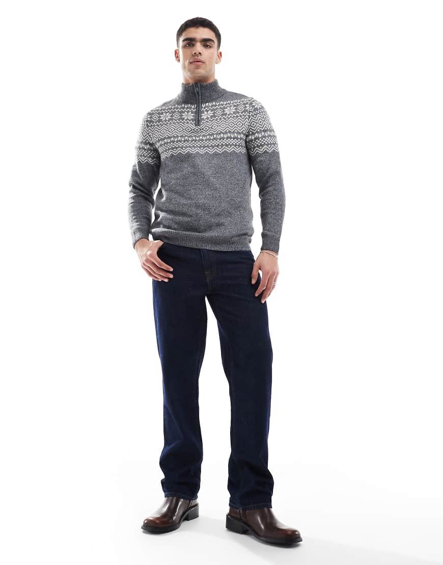 Threabare - Pullover in Grau mit Norwegermuster und kurzem Reißverschluss Threabare - Pullover in Grau mit Norwegermuster und kurzem Reißverschluss von Threadbare