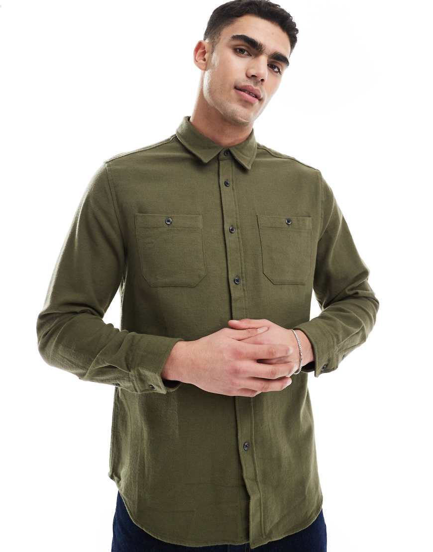 Threadbare - Angeraute Flanell-Hemdjacke in Khaki-Grün von Threadbare