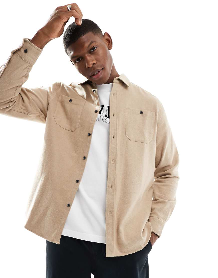 Threadbare - Angeraute Flanell-Hemdjacke in Steinbeige-Neutral von Threadbare