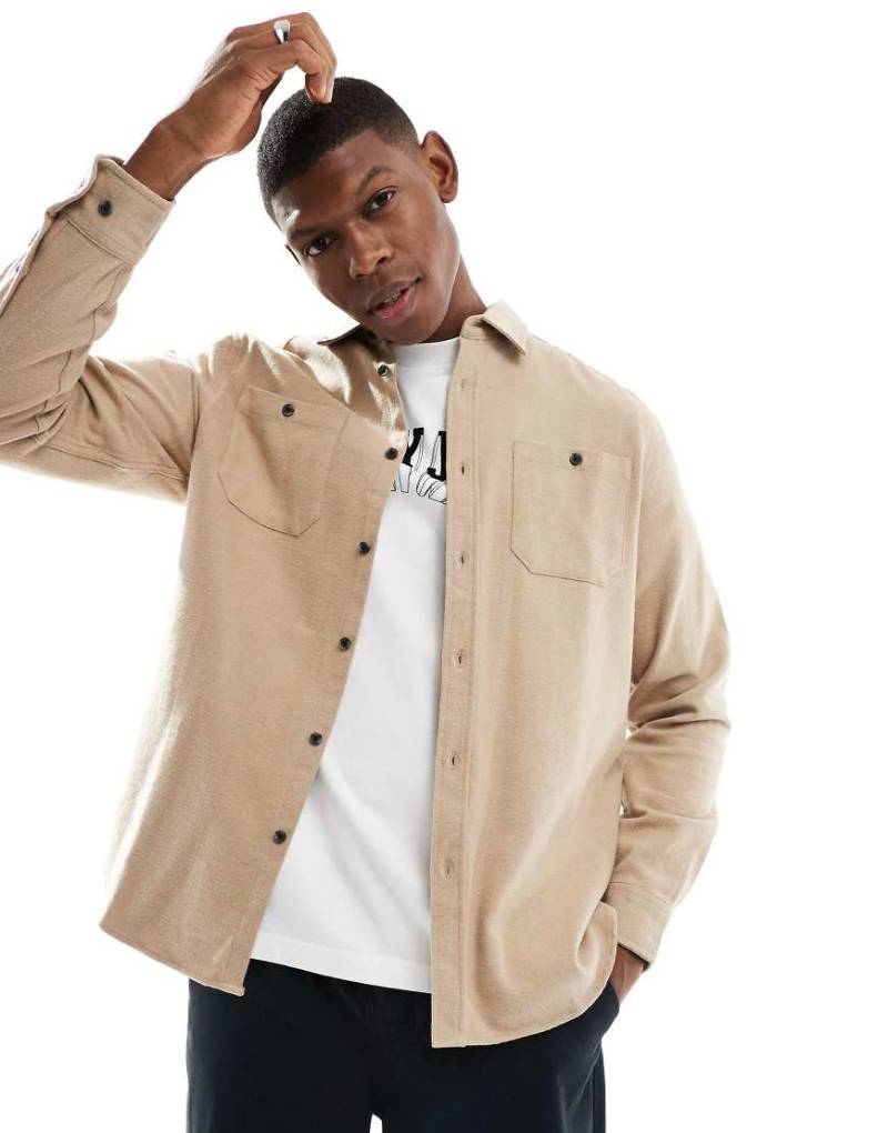 Threadbare - Angeraute Flanell-Hemdjacke in Steinbeige-Neutral von Threadbare