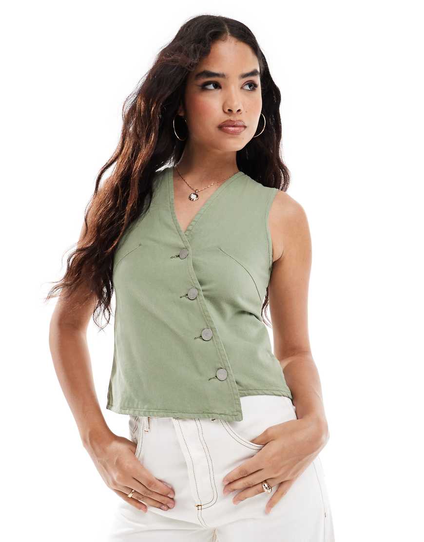 Threadbare - Asymmetrisch geschnittene Weste aus Twill in Khaki-Grün von Threadbare