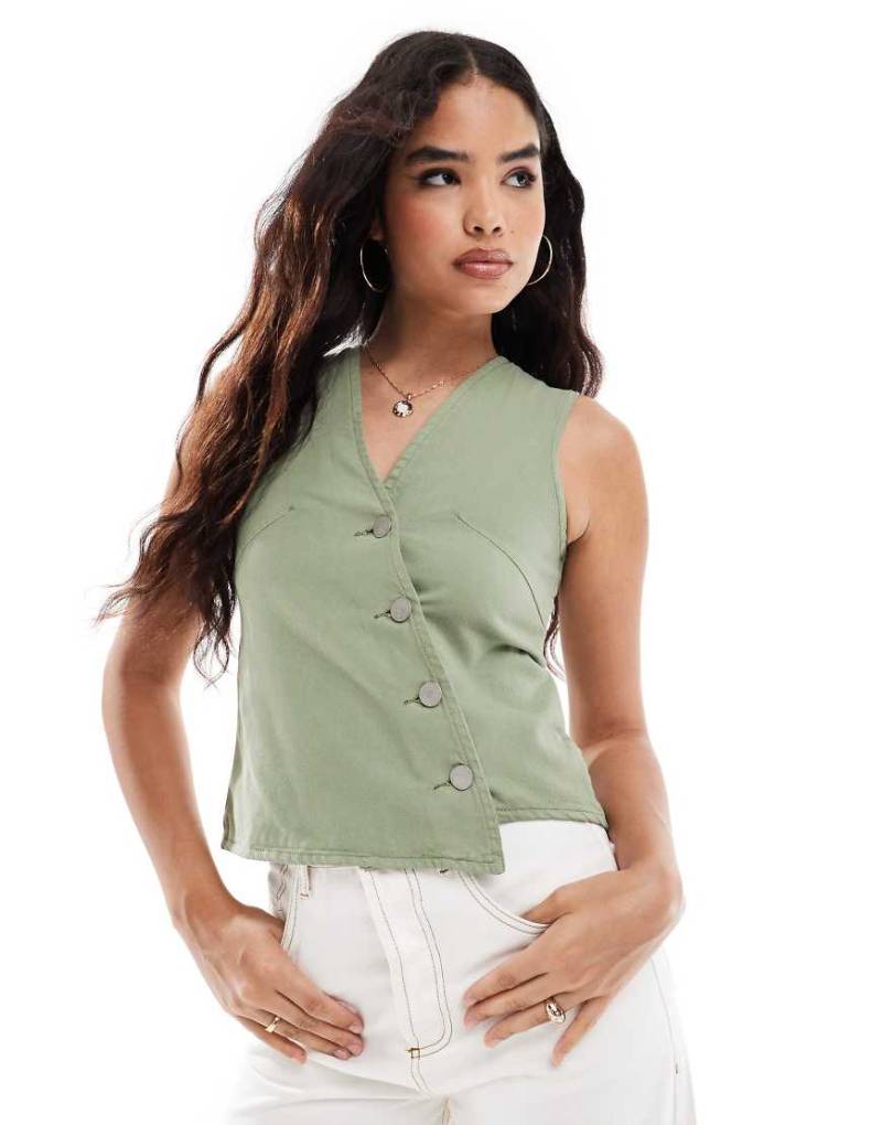 Threadbare - Asymmetrisch geschnittene Weste aus Twill in Khaki-Grün von Threadbare