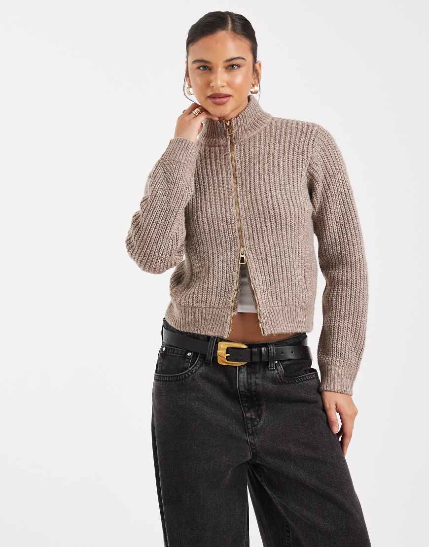 Threadbare - Bomber-Strickjacke in Keksbraun mit Zwei-Wege-Reißverschluss-Neutral von Threadbare