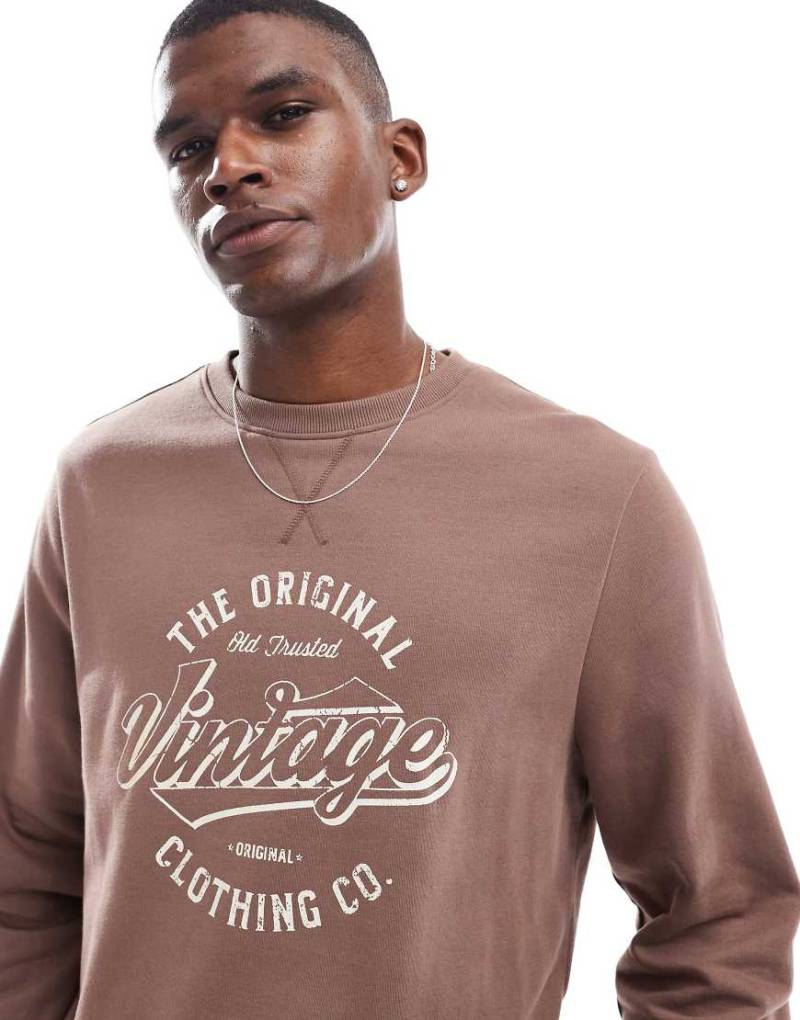 Threadbare - Fleece-Sweatshirt in Blau mit Brustprint-Braun von Threadbare