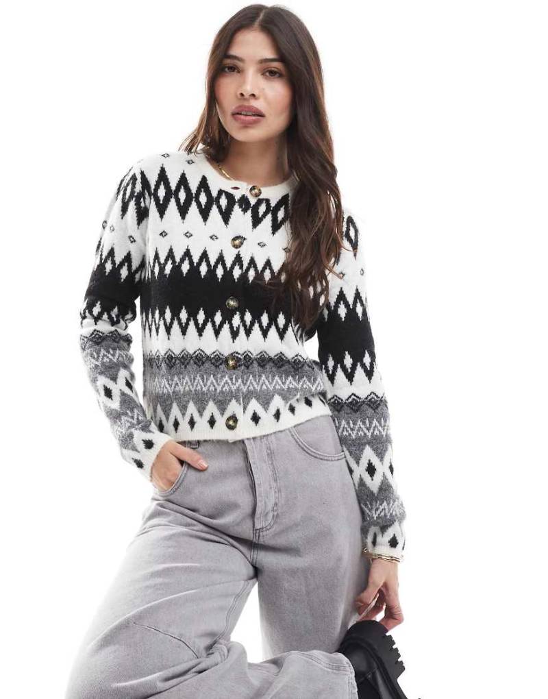 Threadbare - Geknöpfte Strickjacke mit Fairisle-Print in Schwarz und Weiß von Threadbare