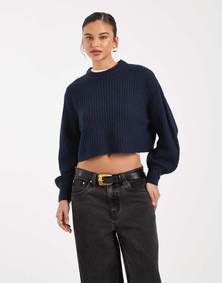 Threadbare - Gerippter Cropped-Pullover aus Strick in Marineblau mit Rundhalsausschnitt von Threadbare