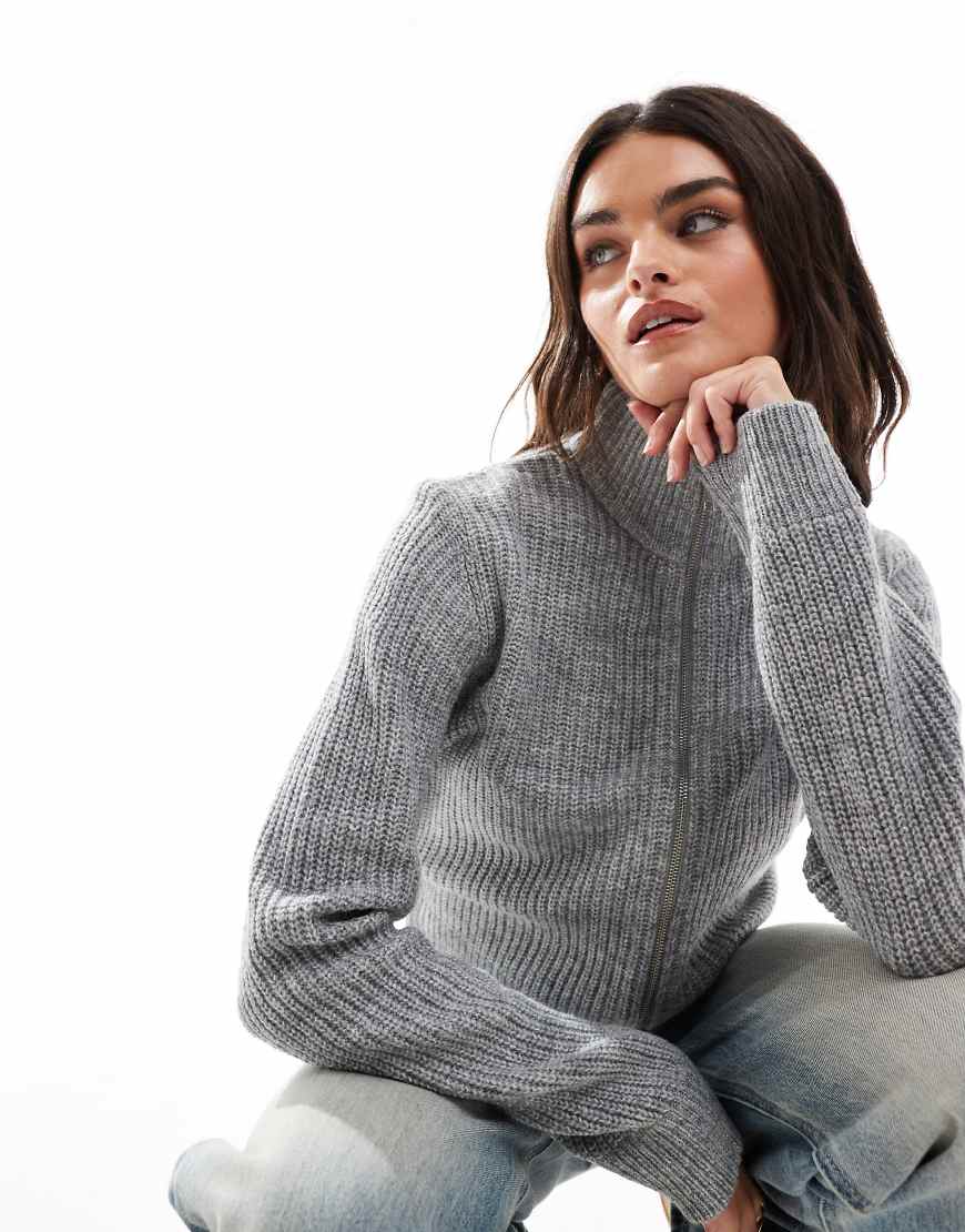 Threadbare - Gerippter Pullover in Grau mit hohem Kragen und durchgehendem Reißverschluss von Threadbare