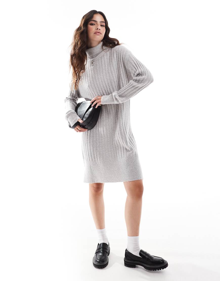 Threadbare - Geripptes Pulloverkleid in Grau mit Rollkragen von Threadbare
