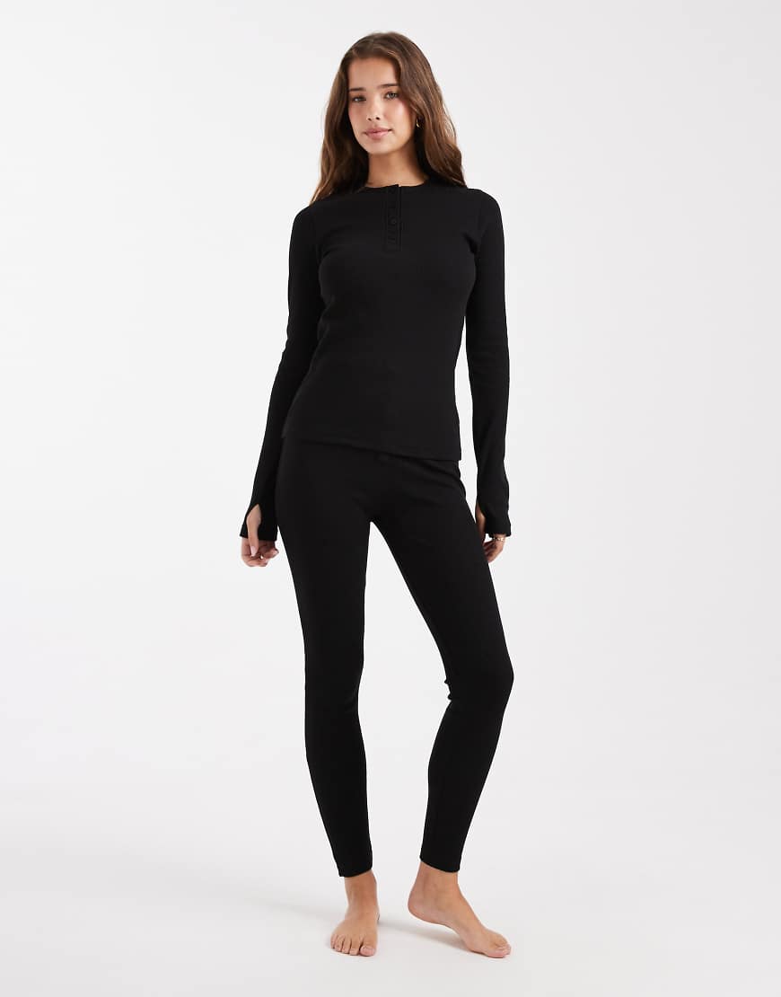 Threadbare - Geripptes langärmliges Loungewear-Set in Schwarz mit Knopfleiste von Threadbare