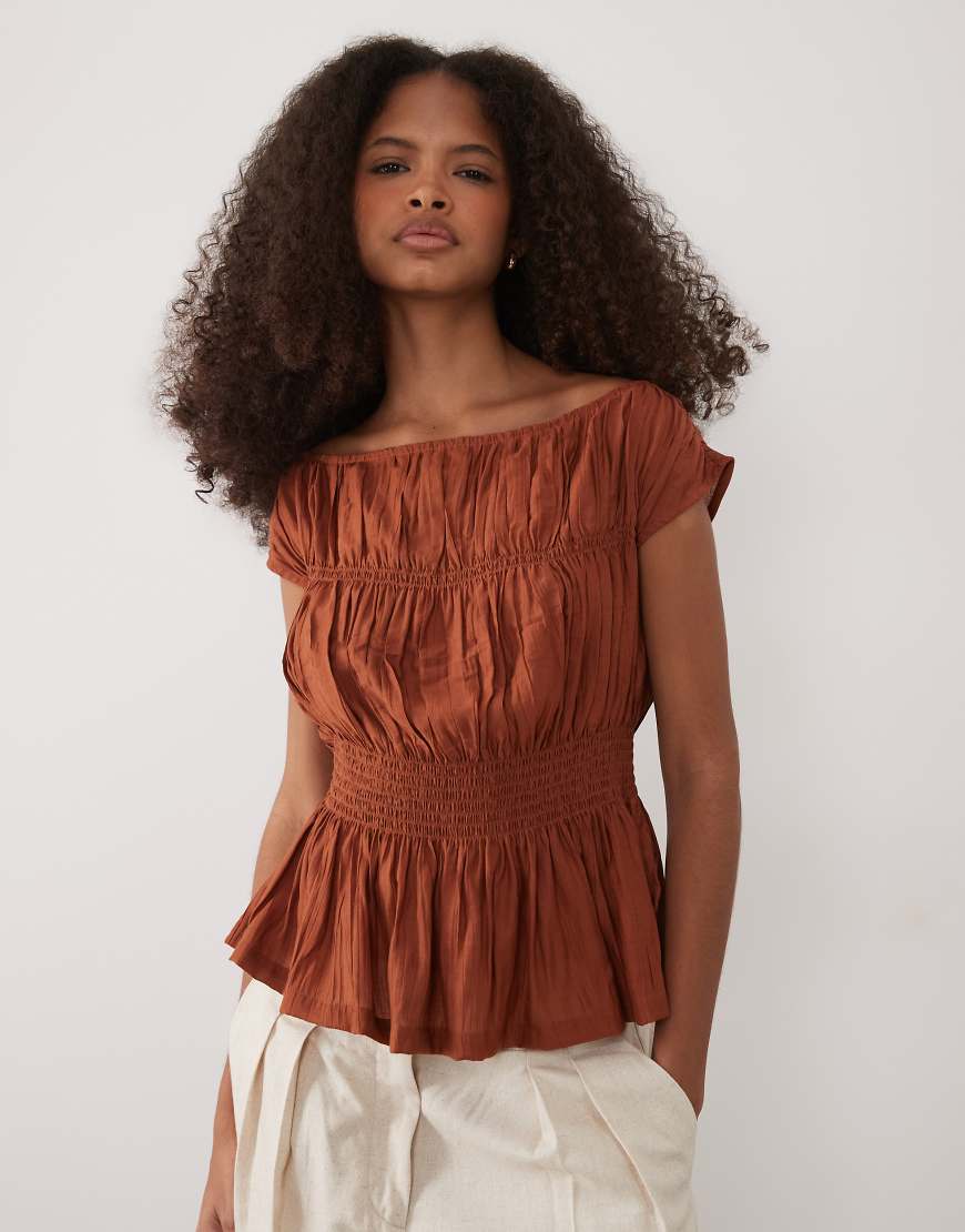 Threadbare - Gesmoktes Oberteil in Rostrot mit Flügelärmeln-Orange von Threadbare
