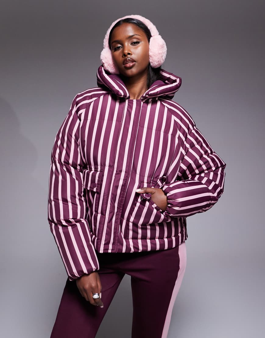 Threadbare - Gestreifte Skijacke in Burgunderrot und Rosa mit Steppnähten und Kapuze von Threadbare