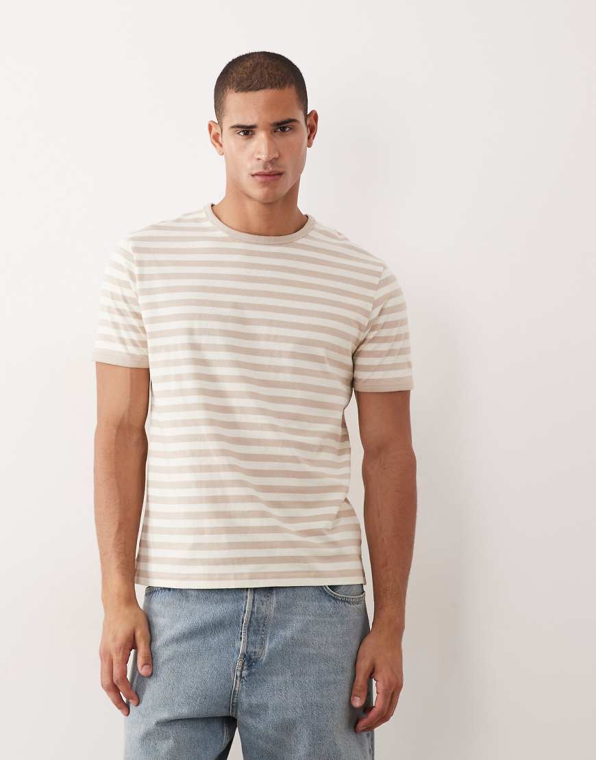 Threadbare - Gestreiftes Ringer-T-Shirt in Steinbeige und Weiß mit Rundhalsausschnitt-Neutral von Threadbare