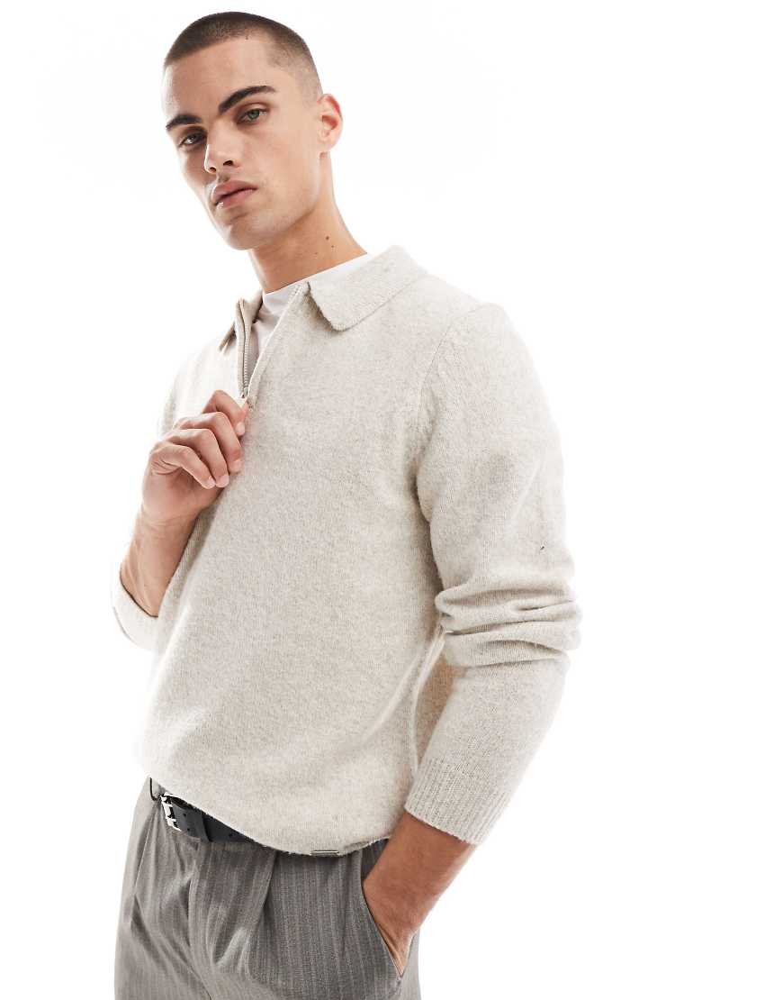 Threadbare - Gestrickter Polo-Pullover in meliertem Ecru mit Reißverschluss-Neutral von Threadbare