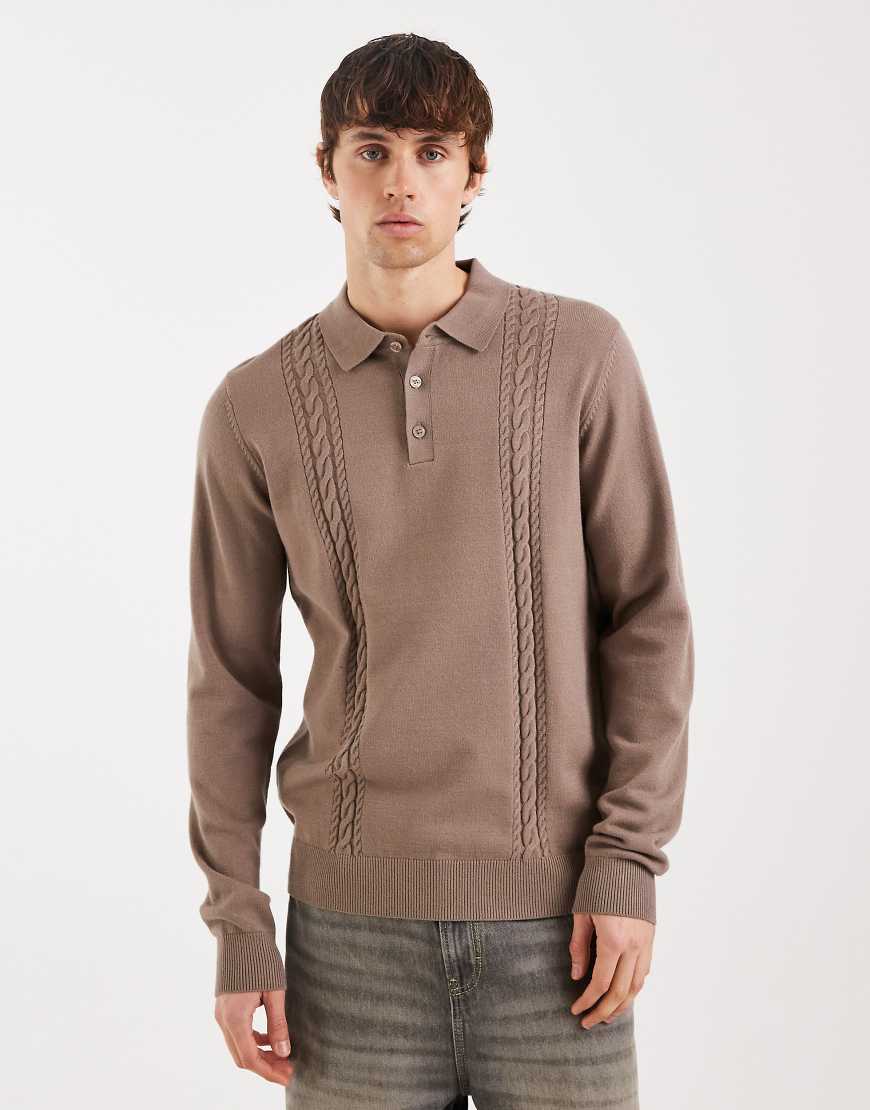 Threadbare - Gestricktes Polohemd in Taupe mit Zopfmuster-Neutral von Threadbare