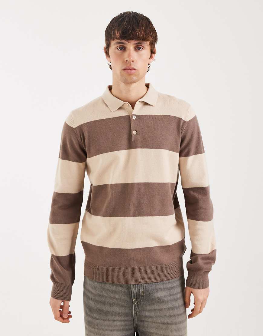 Threadbare - Gestricktes Rugby-Polohemd in Steinbeige und Ecru gestreift-Neutral von Threadbare