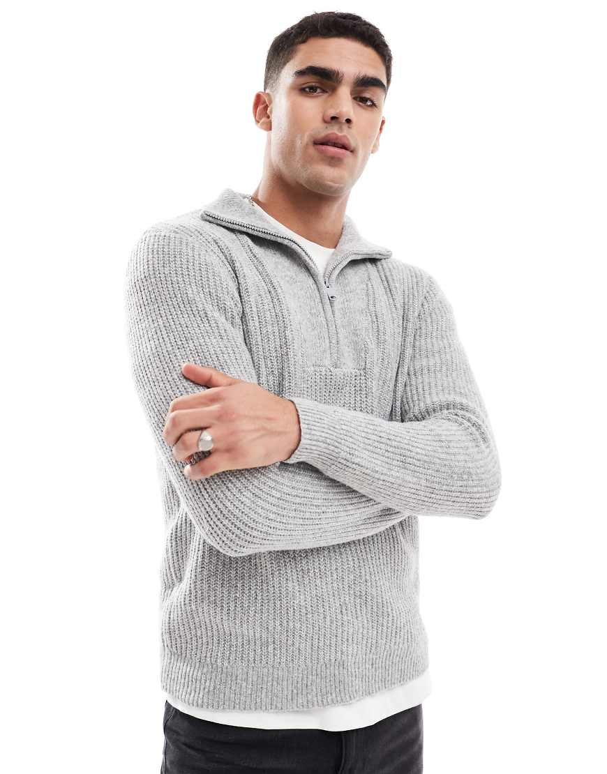 Threadbare - Grobstrick-Pullover in meliertem Grau mit kurzem Reißverschluss Threadbare - Grobstrick-Pullover in meliertem Grau mit kurzem Reißverschluss von Threadbare