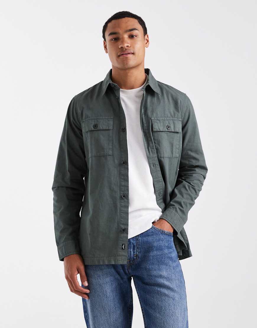 Threadbare - Hemdjacke in Dunkelgrün aus Baumwoll-Popeline mit Knopfleiste von Threadbare