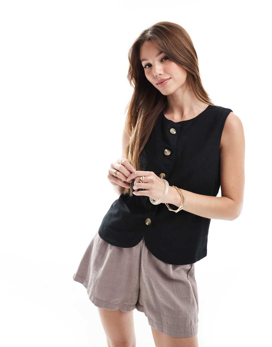Threadbare - Hochgeschlossene Weste aus Leinenmix in Schwarz mit Knopfleiste Threadbare - Hochgeschlossene Weste aus Leinenmix in Schwarz mit Knopfleiste von Threadbare