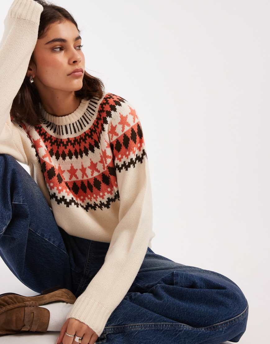 Threadbare - Hochgeschlossener Pullover in Cremeweiß mit Norwegermuster-Bunt von Threadbare