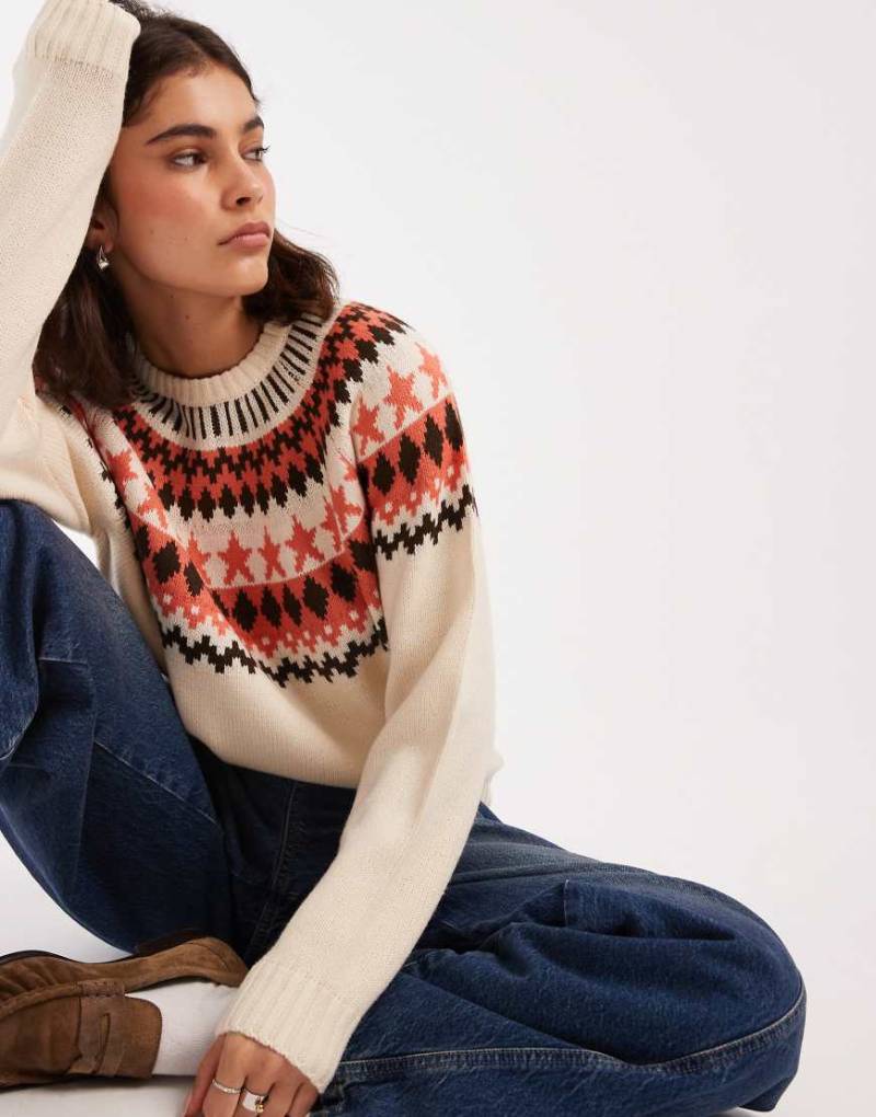 Threadbare - Hochgeschlossener Pullover in Cremeweiß mit Norwegermuster-Bunt von Threadbare