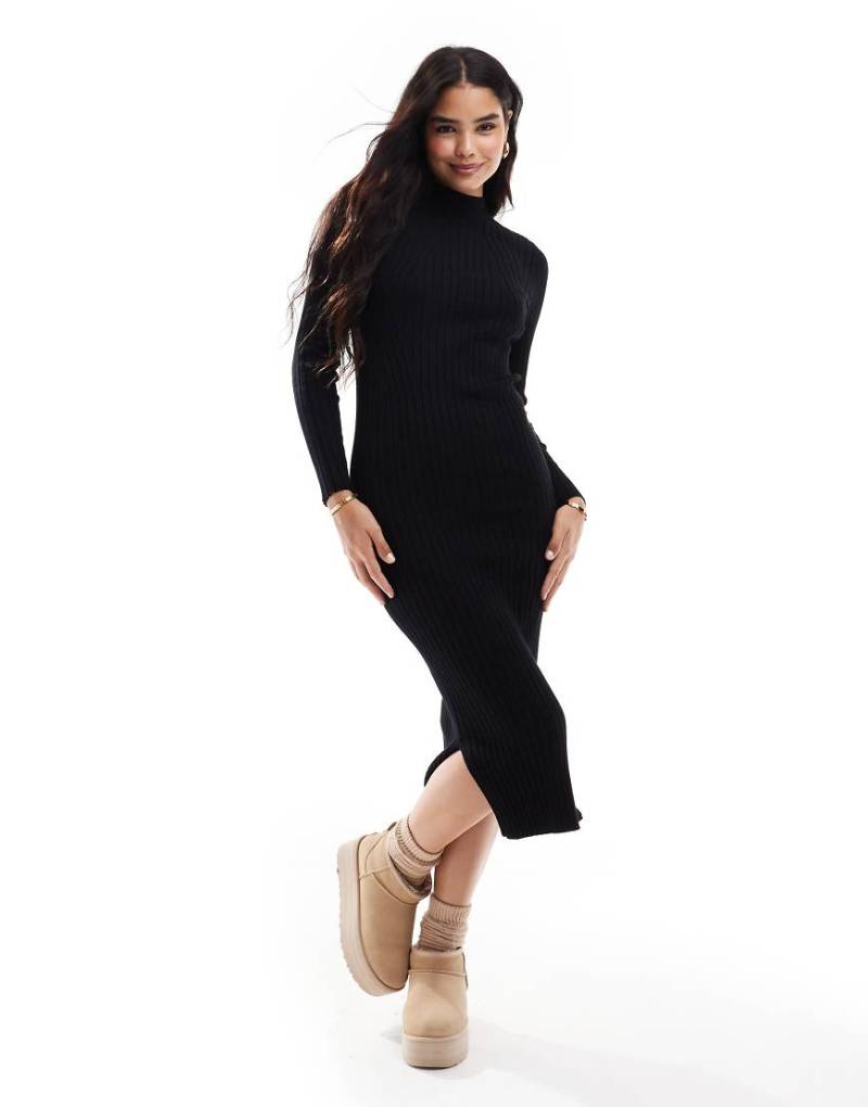 Threadbare - Hochgeschlossenes, geripptes Midi-Strickkleid in Schwarz von Threadbare