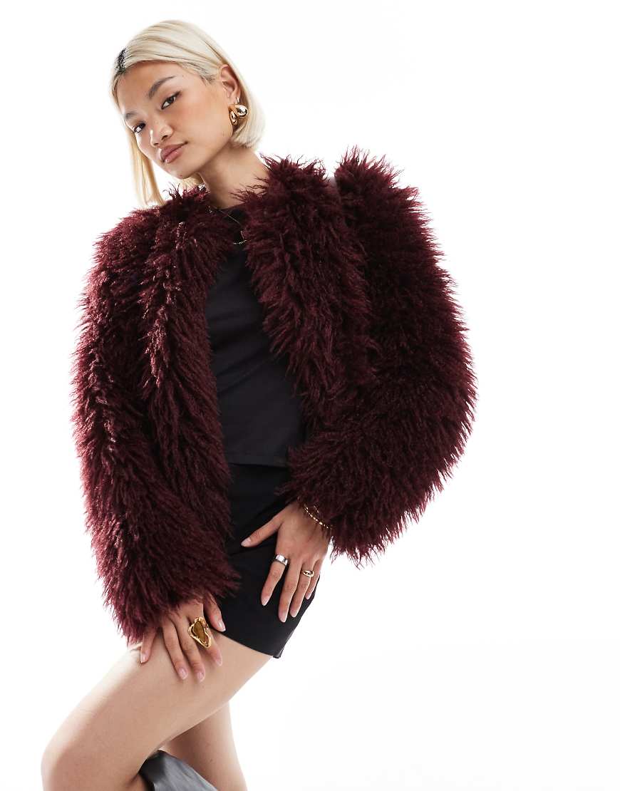 Threadbare - Jacke aus Lammfellimitat in Burgunderrot von Threadbare