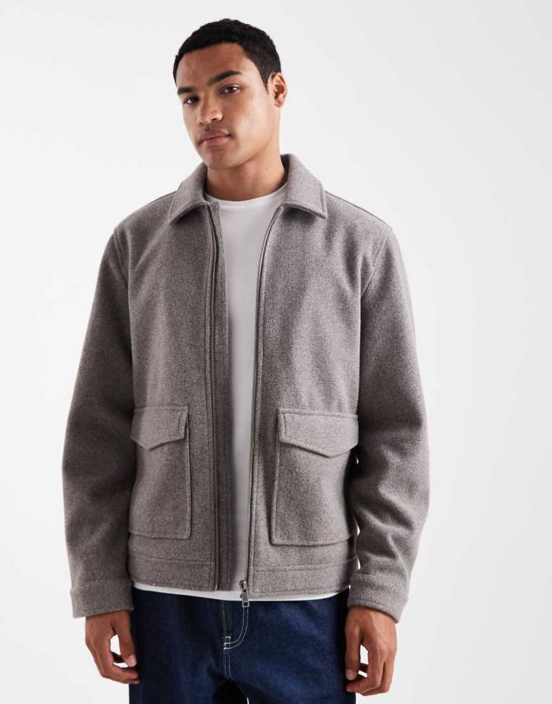Threadbare - Jacke in Taupe mit Wolloptik, Kragen und Reißverschluss vorne-Neutral von Threadbare