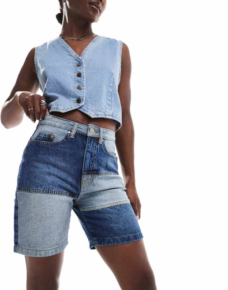 Threadbare - Jeansshorts in indigoblauer Waschung mit Patchwork-Design-Marineblau von Threadbare