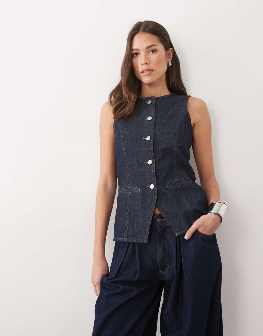 Threadbare - Jeansweste in Indigoblau mit Rundhalsausschnitt-Navy von Threadbare