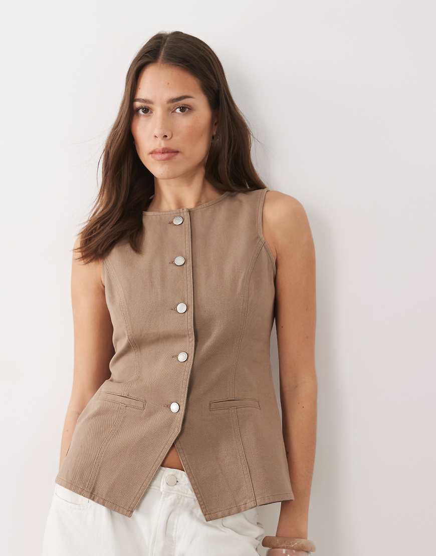 Threadbare - Jeansweste in Mokka-Braun mit Rundhalsausschnitt von Threadbare