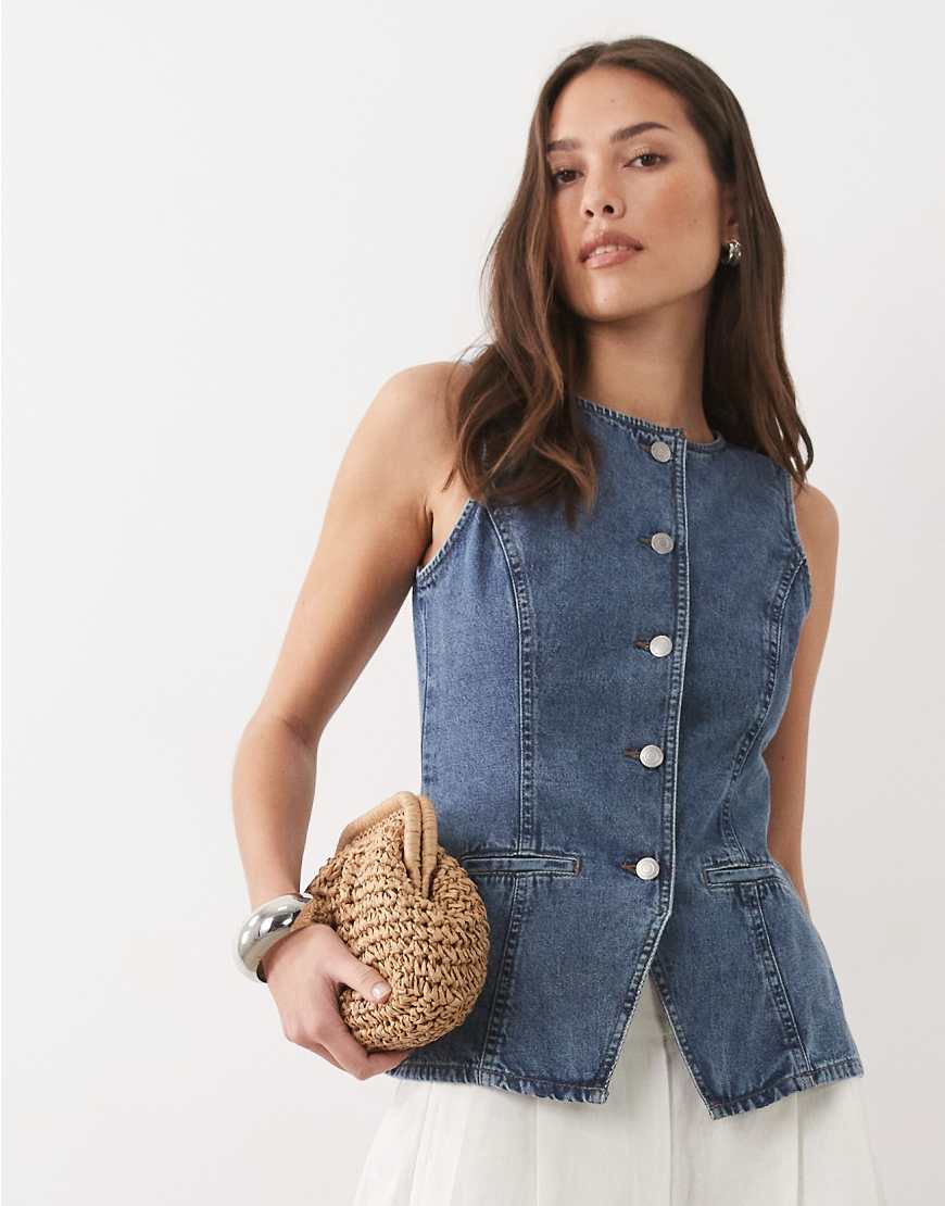 Threadbare - Jeansweste in mittelblauer Waschung mit Rundhalsausschnitt von Threadbare