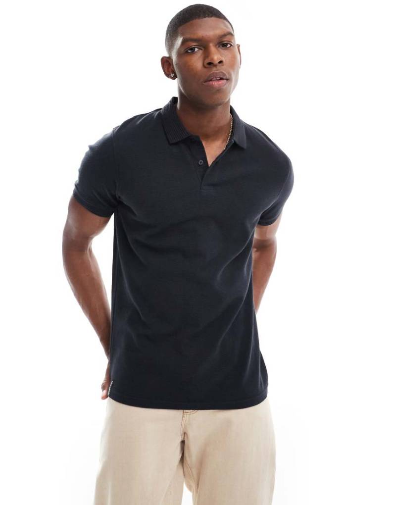 Threadbare - Jersey-Polohemd in Schwarz mit geripptem Kragen von Threadbare