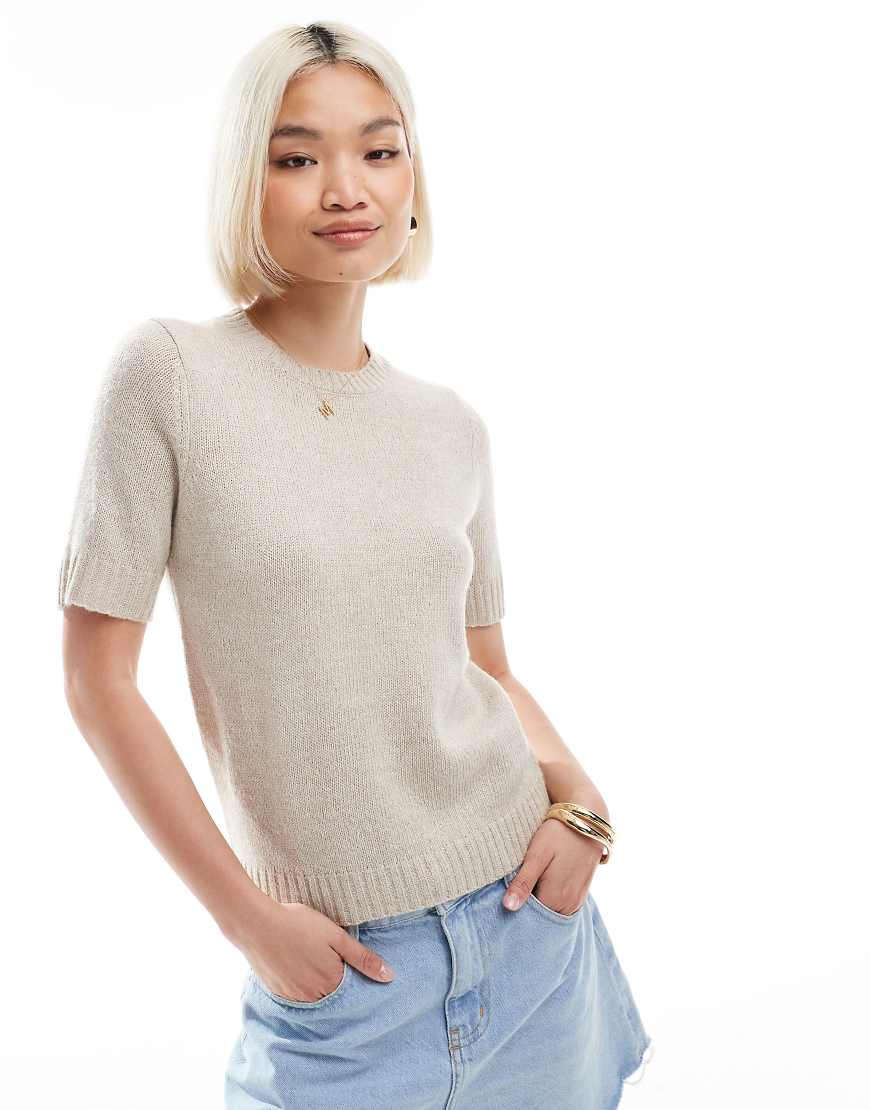 Threadbare - Kurzärmliger Strickpullover in Steinbeige-Neutral von Threadbare