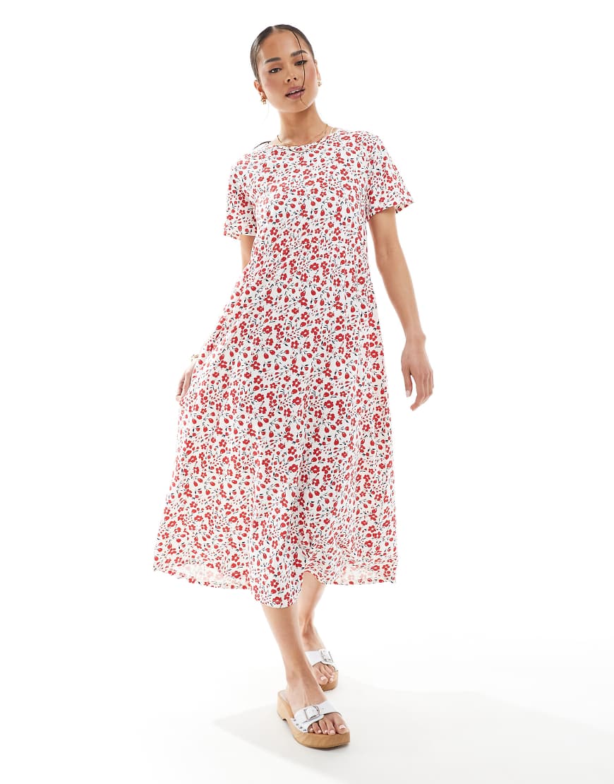 Threadbare - Kurzärmliges Jersey-Midikleid mit rotem Blumenprint mit Taschen von Threadbare