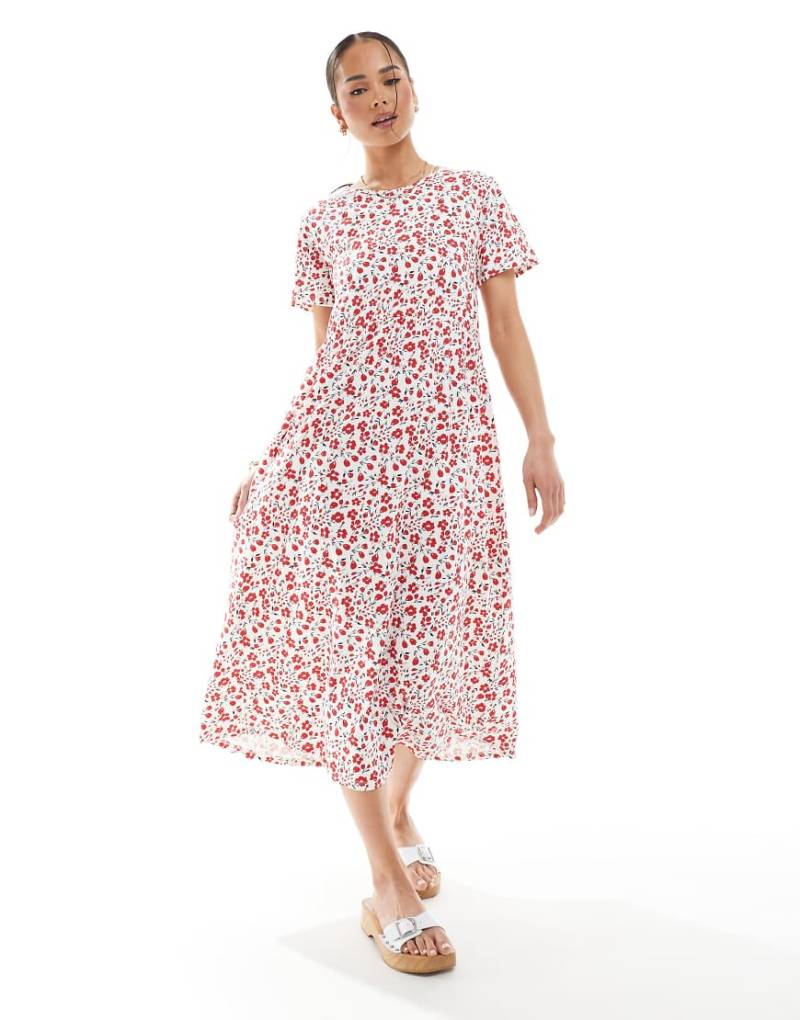 Threadbare - Kurzärmliges Jersey-Midikleid mit rotem Blumenprint mit Taschen von Threadbare