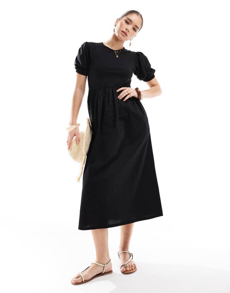 Threadbare - Kurzärmliges Midikleid aus Jersey-Popeline-Mix in Schwarz von Threadbare