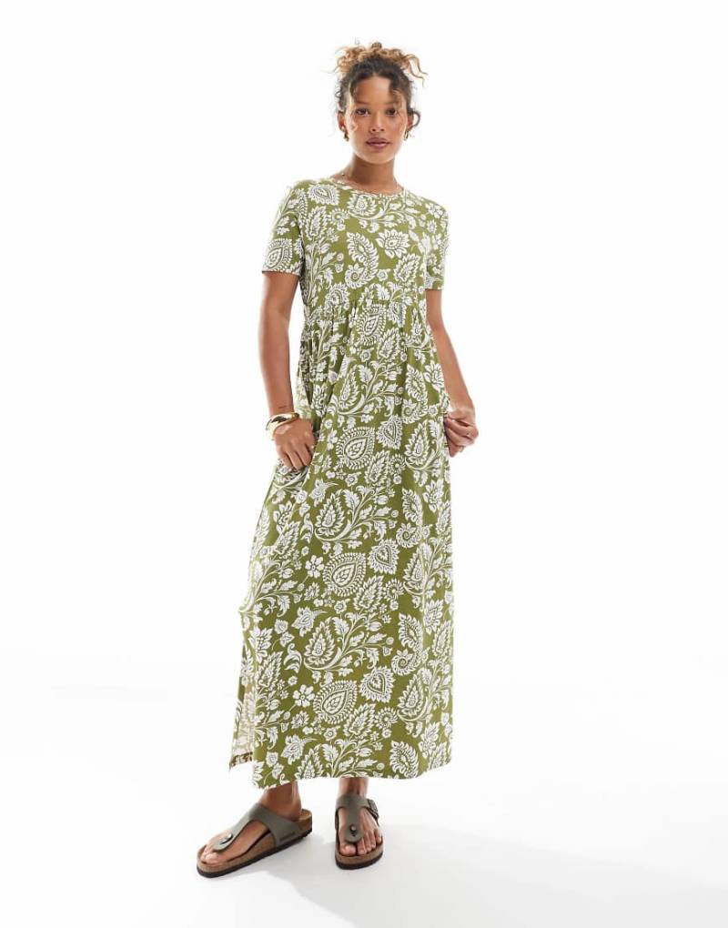 Threadbare - Kurzärmliges Midikleid aus Jersey in Khaki mit Paisleymuster und tief angesetzter Taille-Bunt von Threadbare