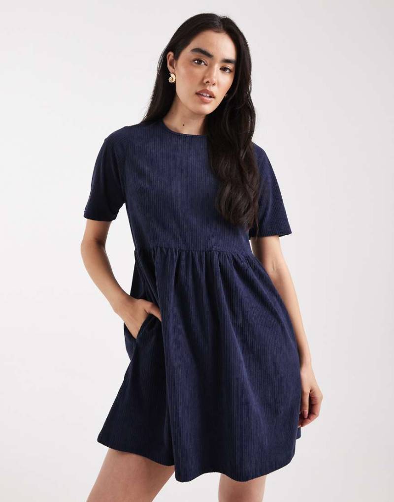 Threadbare - Kurzärmliges Minikleid aus Baumwoll-Cord in Marineblau von Threadbare
