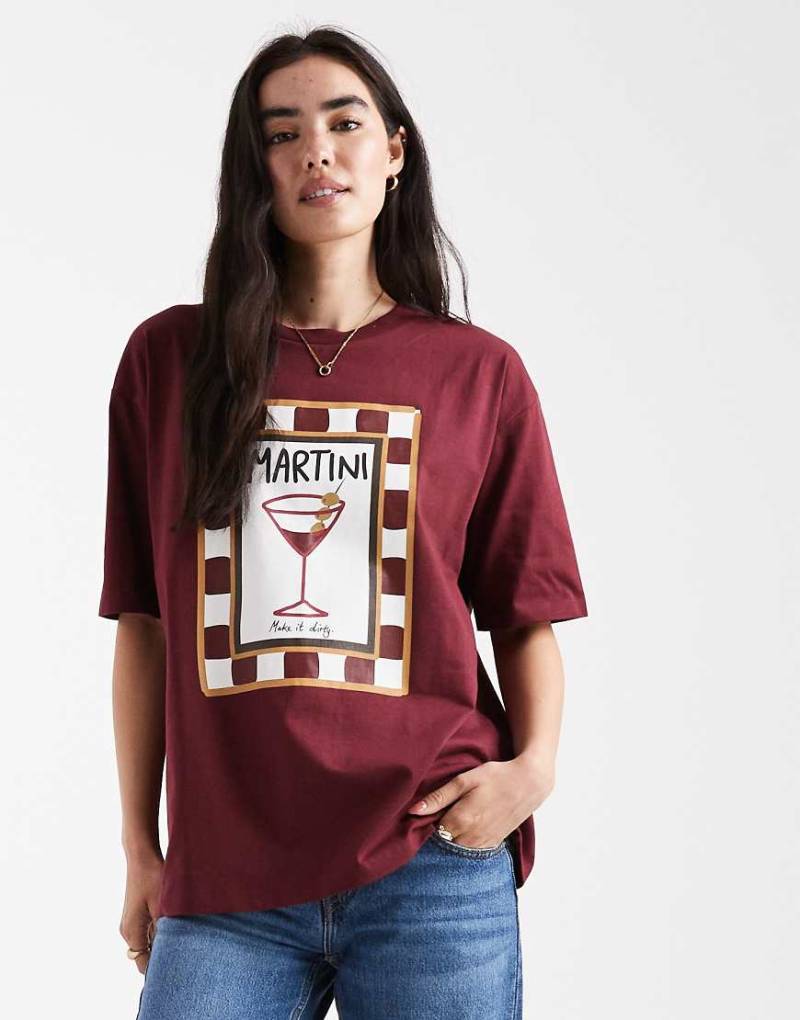 Threadbare - Kurzärmliges T-Shirt aus Baumwolle in Burgunderrot mit Martini-Grafik von Threadbare