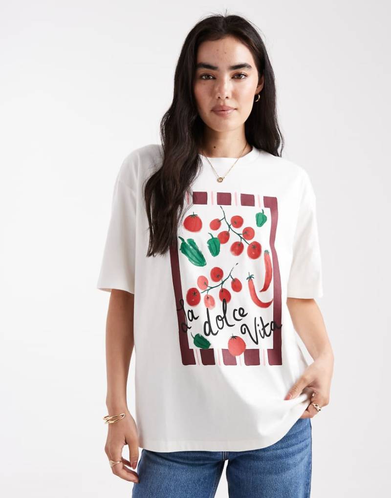 Threadbare - Kurzärmliges T-Shirt aus Baumwolle in Ecru mit Dolce Vita-Grafik-Weiß von Threadbare