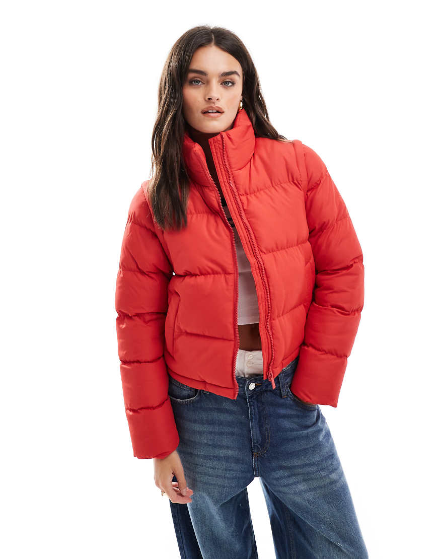Threadbare - Kurze Pufferjacke in Rot mit Kapuze und Reißverschluss von Threadbare