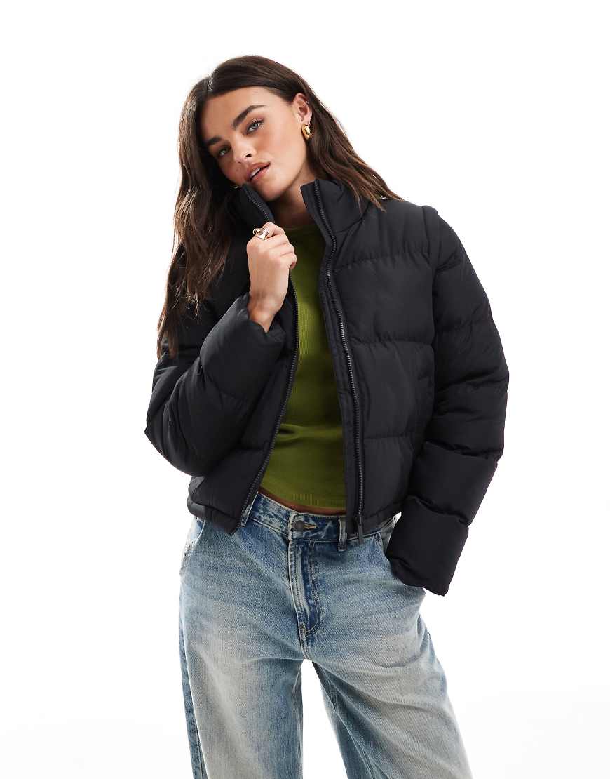 Threadbare - Kurze Pufferjacke in Schwarz mit Reißverschluss von Threadbare