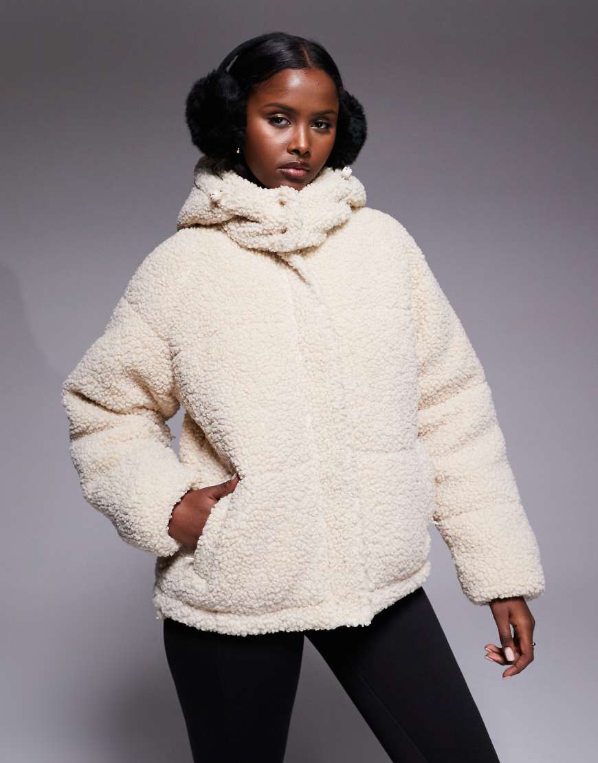 Threadbare - Kurze Ski-Steppjacke aus Teddyfell in Creme mit Kapuze-Weiß von Threadbare