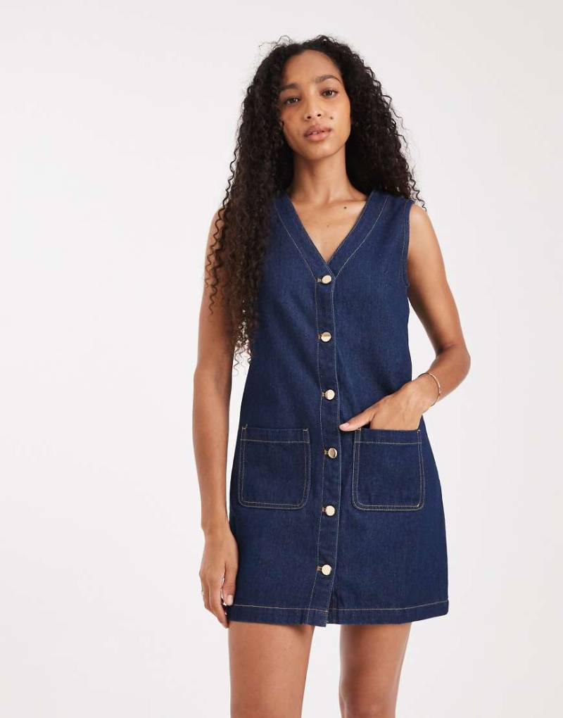 Threadbare - Kurzes Latz-Jeanskleid in Blau mit Knopfleiste vorne von Threadbare