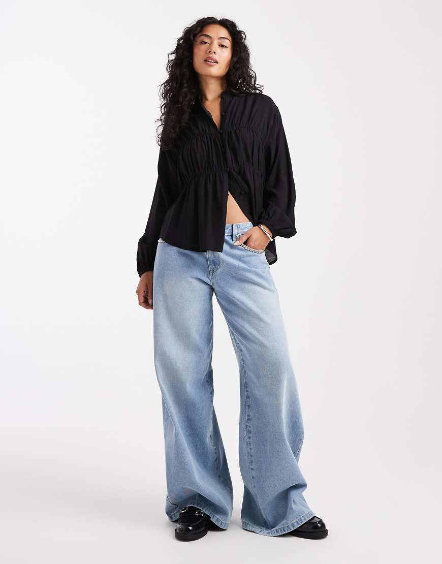 Threadbare - Langärmlige Bluse in Schwarz mit Knopfleiste von Threadbare