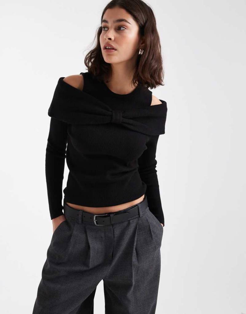 Threadbare - Langärmliger, schulterfreier Pullover in Schwarz mit Schleifendetail von Threadbare