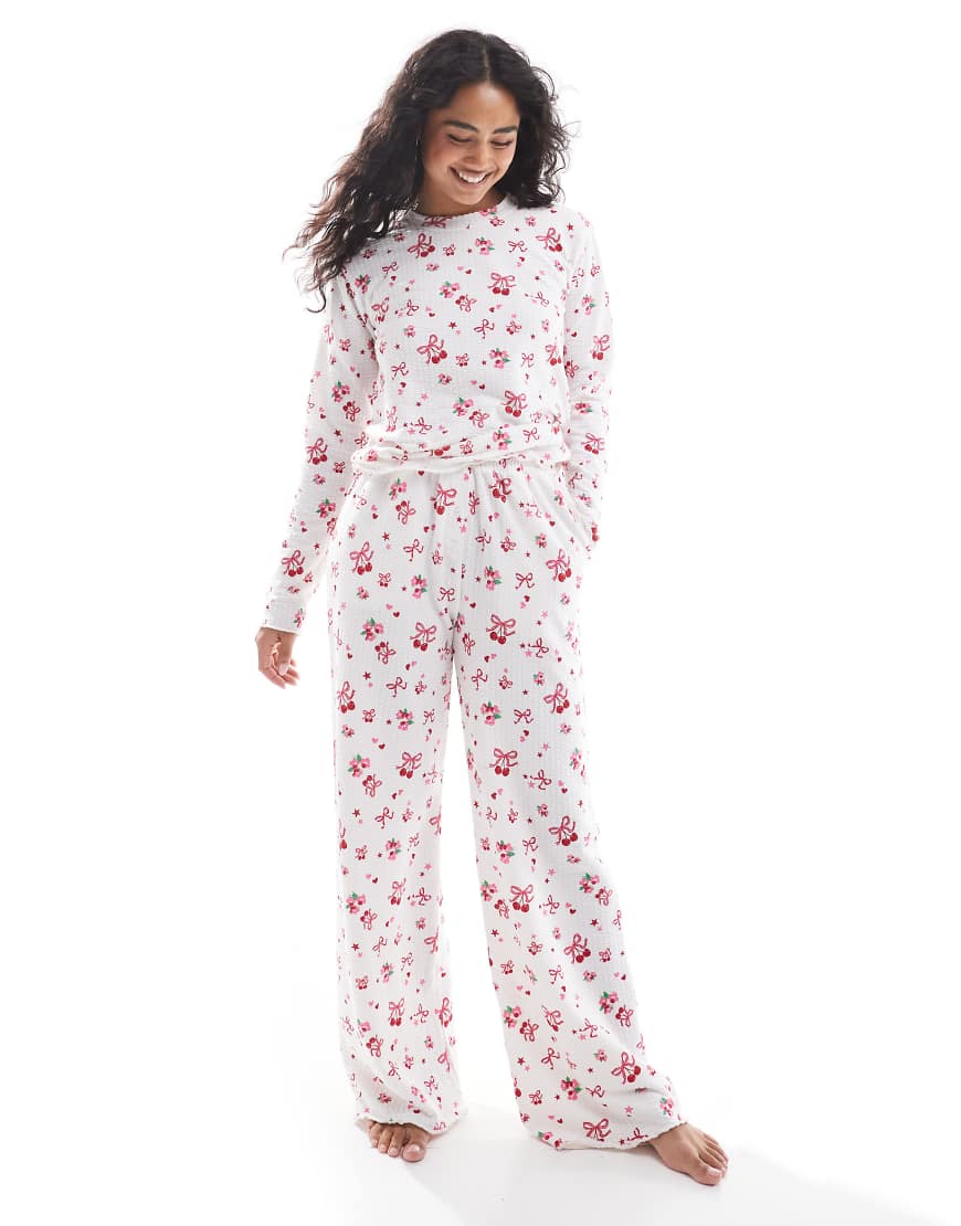 Threadbare - Langärmliger Pyjama in Rosa und Weiß mit Schleifenmuster von Threadbare