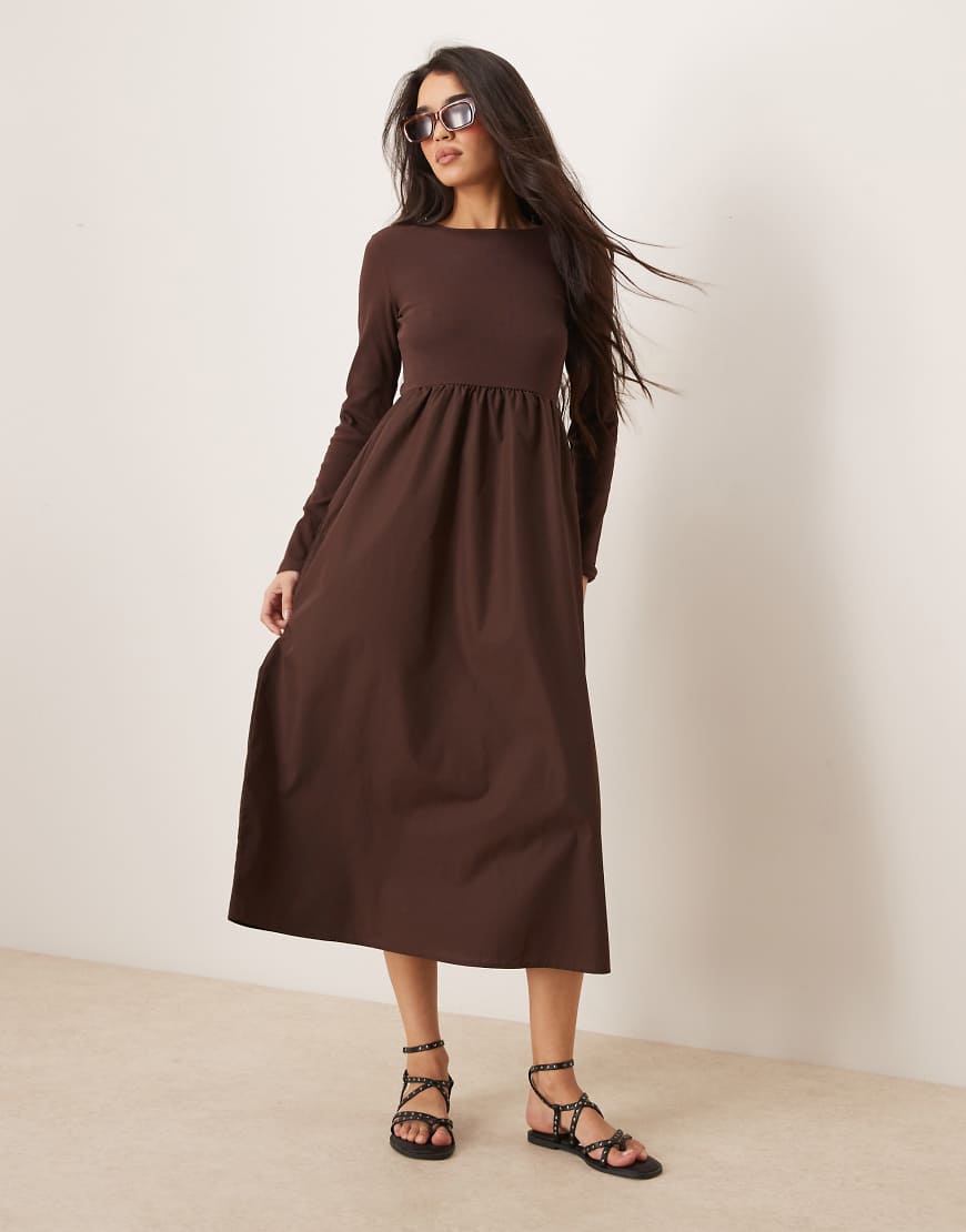 Threadbare - Langärmliges Midikleid in Braun mit Popeline-Rock von Threadbare
