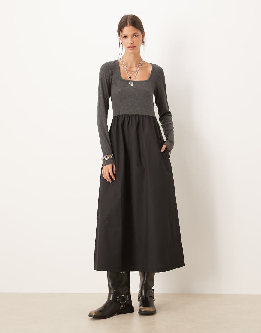Threadbare - Langärmliges Midikleid in Grau mit eckigem Ausschnitt und schwarzem Kontrast-Rock aus Popeline-Bunt Threadbare - Langärmliges Midikleid in Grau mit eckigem Ausschnitt und schwarzem Kontrast-Rock aus Popeline-Bunt von Threadbare